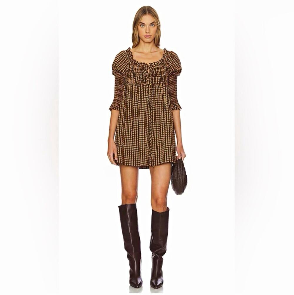 Free People Star Dip Bohemian Smocked 3/4 Sleeve Mini Dress size S